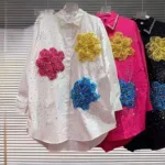 Trendy Women's Nail Beading Spliced 3D Flower Shirt 2025 Autumn Long Sleeves Lapel Blouse Female